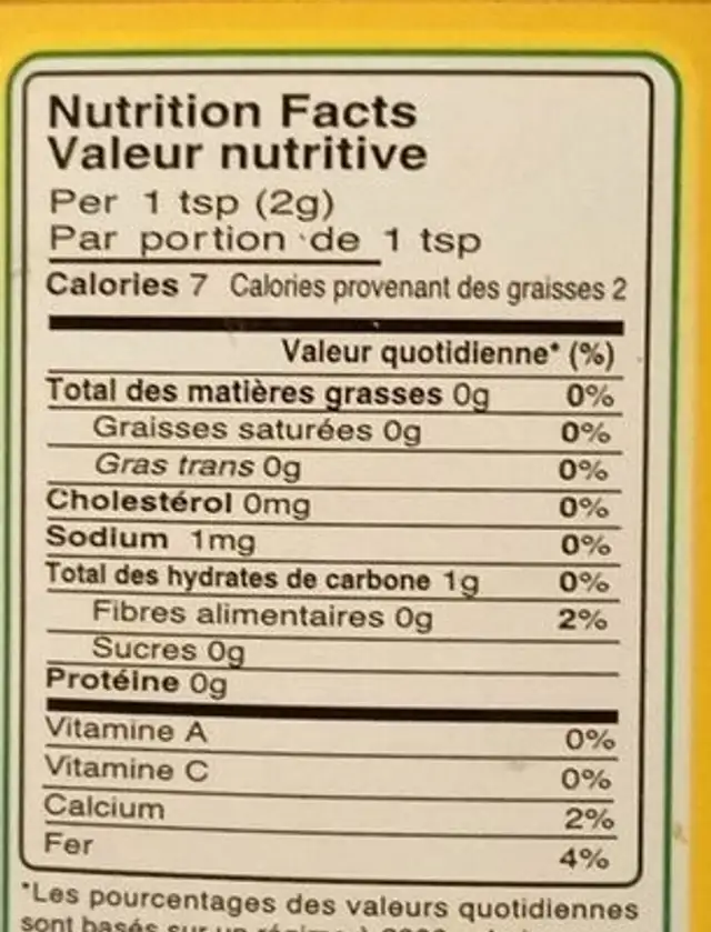 Curcuma en poudre nutrition facts table