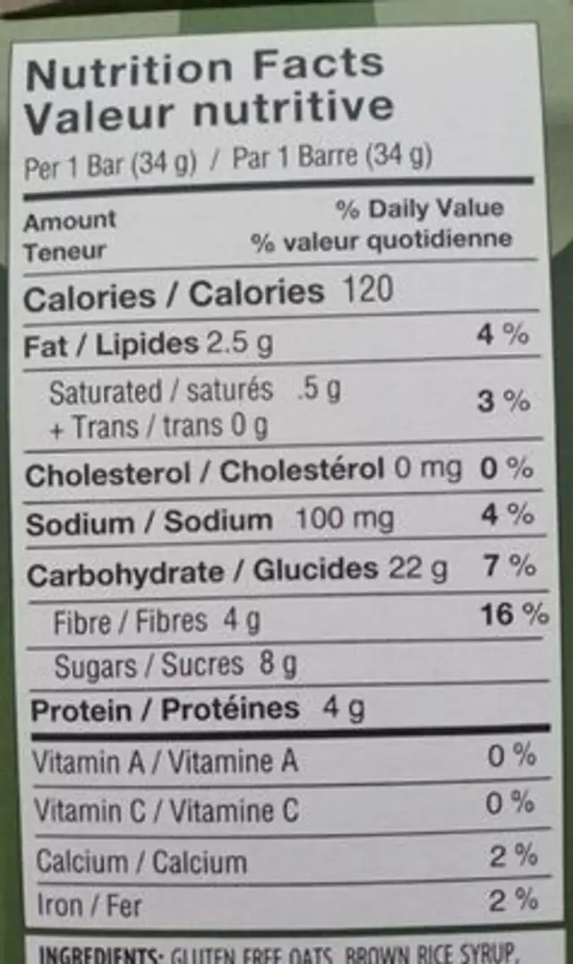 Barre céréales nutrition facts table