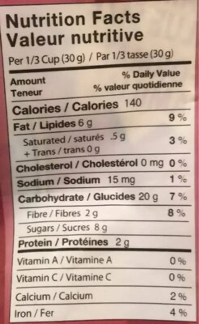 Gluten free Granola sans gluten nutrition facts table