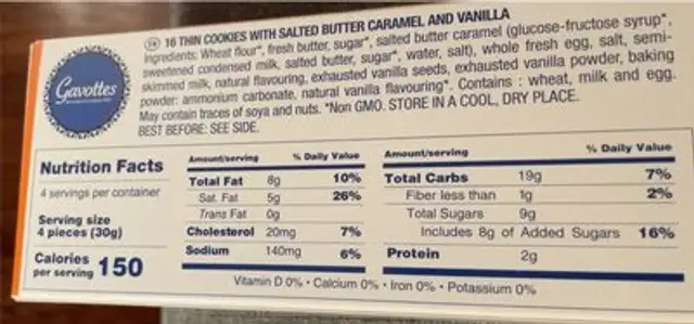 Thin Butter Cookie nutrition facts table