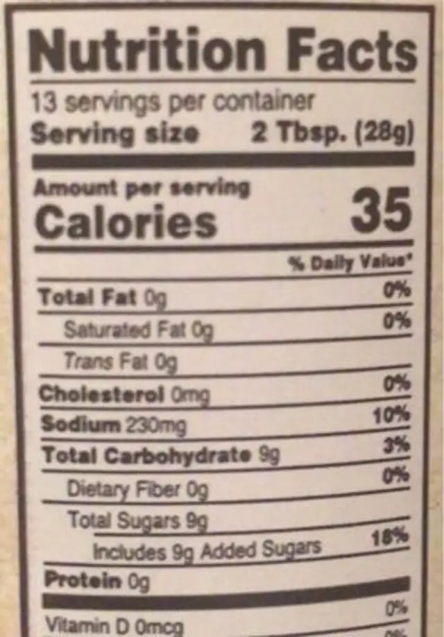 Jimmy Brown’s sauce and Marinade Original nutrition facts table