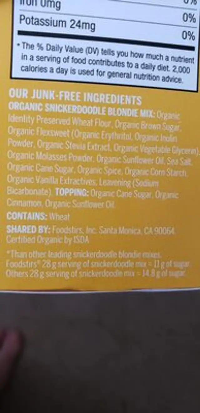 organic snickerdoodle blondie mix ingredients label