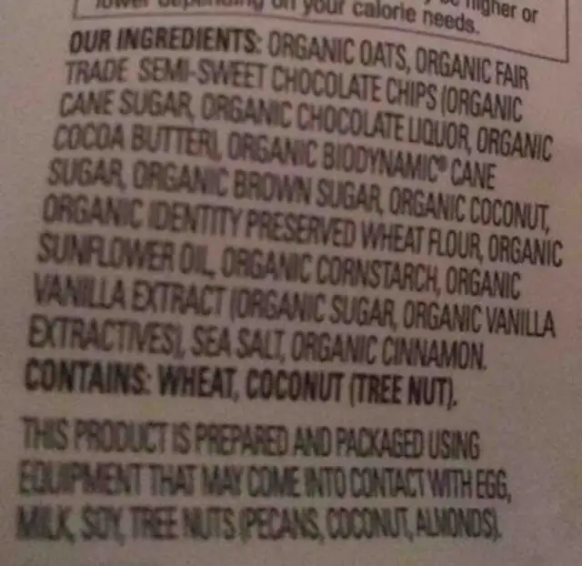 Organic chocolate coconut chewy oat bar mix ingredients label