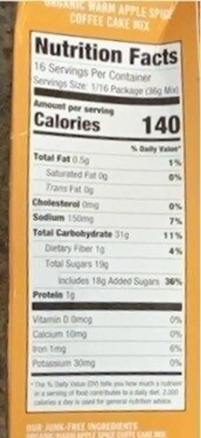 Organic Warm Apple Spice Coffee Cake Mix nutrition facts table