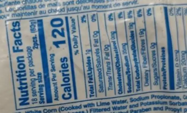 Tortillaswey nutrition facts table