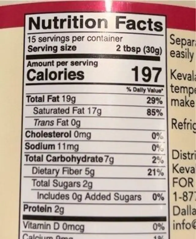Organic coconut butter nutrition facts table