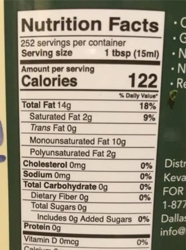Avocado oil nutrition facts table