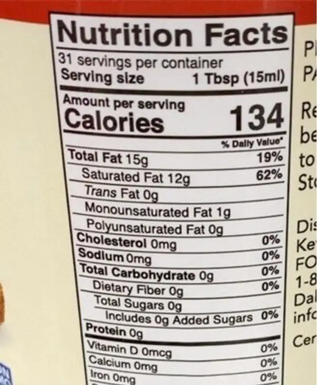 Organic raw coconut oil nutrition facts table