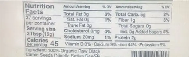 Organic raw black cumin seeds nutrition facts table