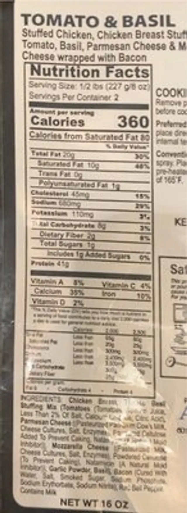 Tomato & Basil stuffed chicken breast nutrition facts table