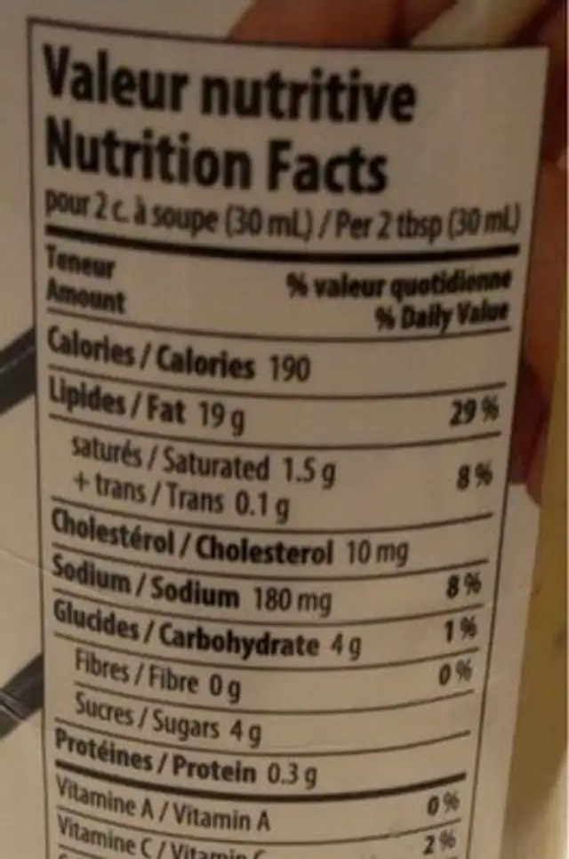 Sauce californienne nutrition facts table