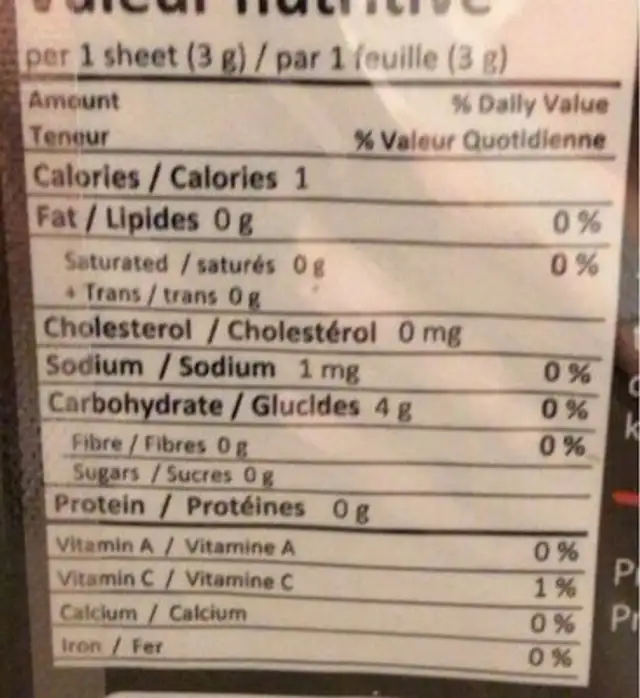 Feuilles d’algues nutrition facts table
