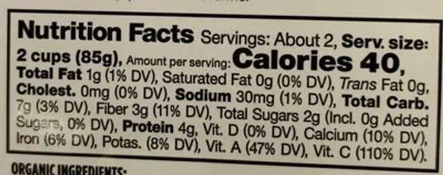 Organic Baby Kale nutrition facts table