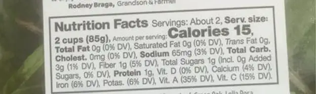 Spring mix baby lettuces & baby Greens nutrition facts table