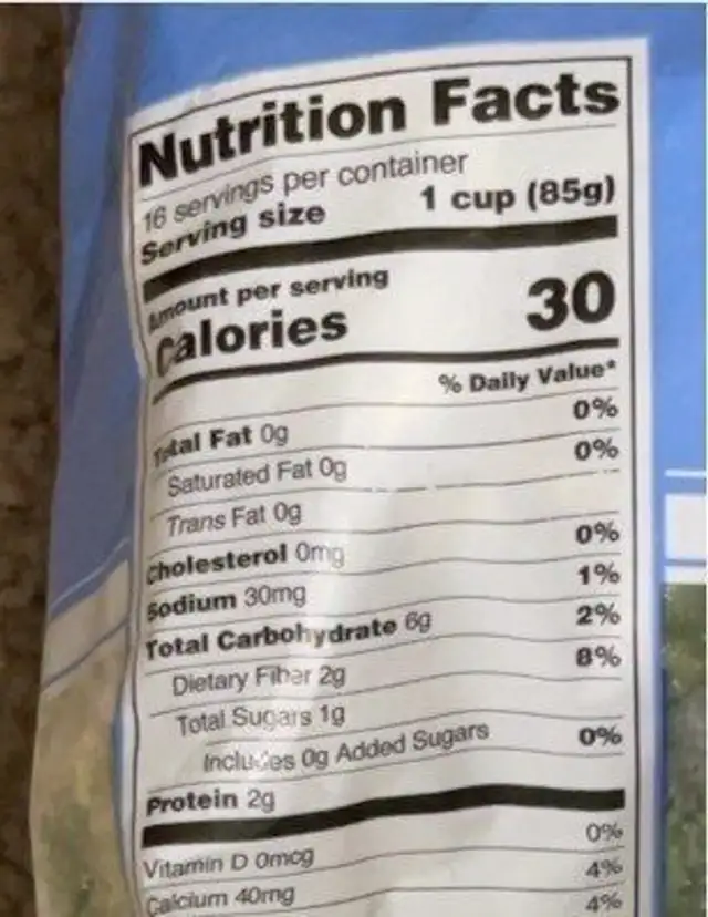 Broccoli florets nutrition facts table