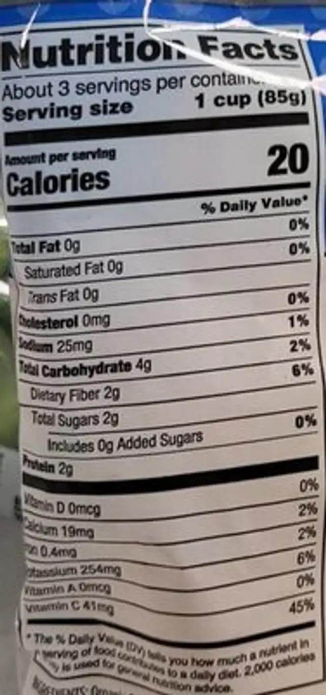 Organic Cauliflower Florets nutrition facts table
