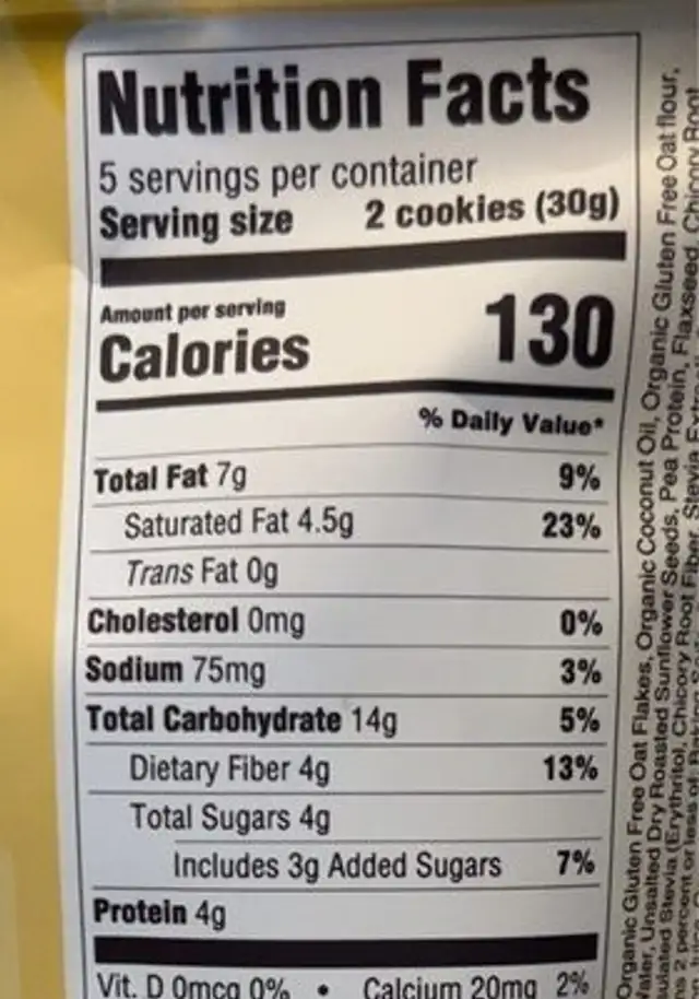 Soft mini cookies nutrition facts table