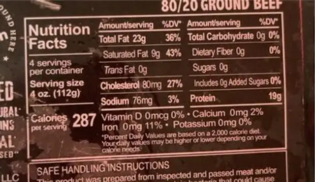 80/20 ground beef nutrition facts table