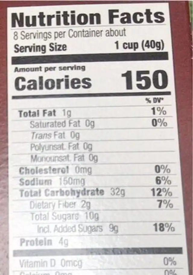 Honey nut toasted oats nutrition facts table