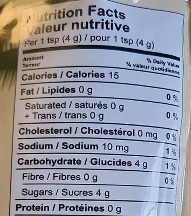 Organic coconut sugar nutrition facts table