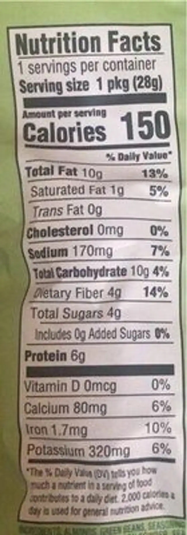 Air dried Green Beans + Roasted Almonds nutrition facts table