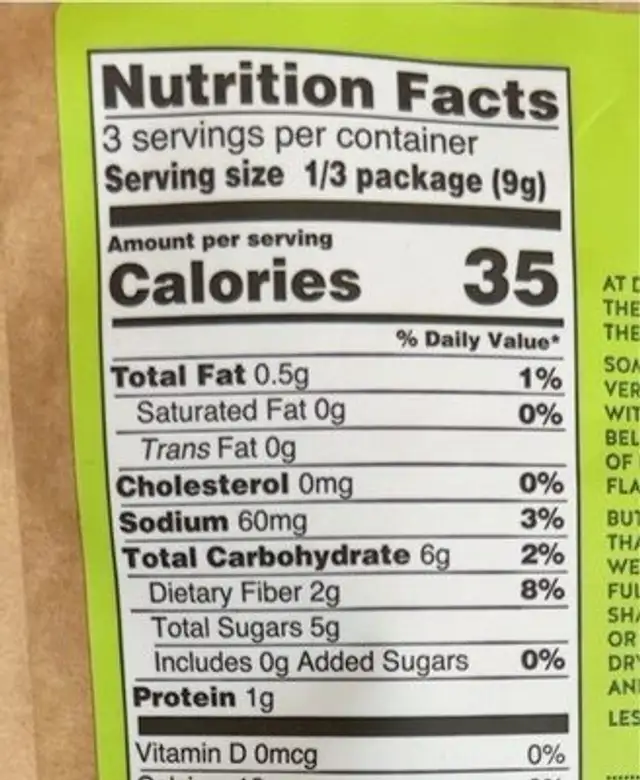 Air Dried Veggie Crisps nutrition facts table