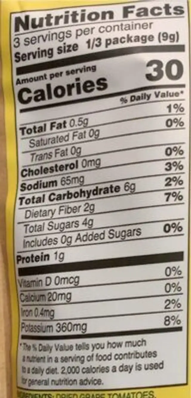 Air Dried Veggie Crisps nutrition facts table