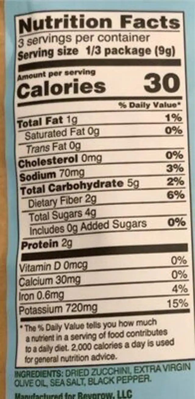 Zucchini Crisps nutrition facts table
