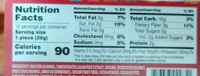 Cacao fruit bites cherry almond cocoa nutrition facts table
