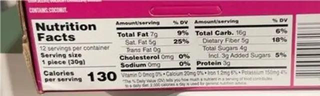 Quinoa Squares nutrition facts table