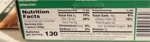 Quinoa Squares nutrition facts table