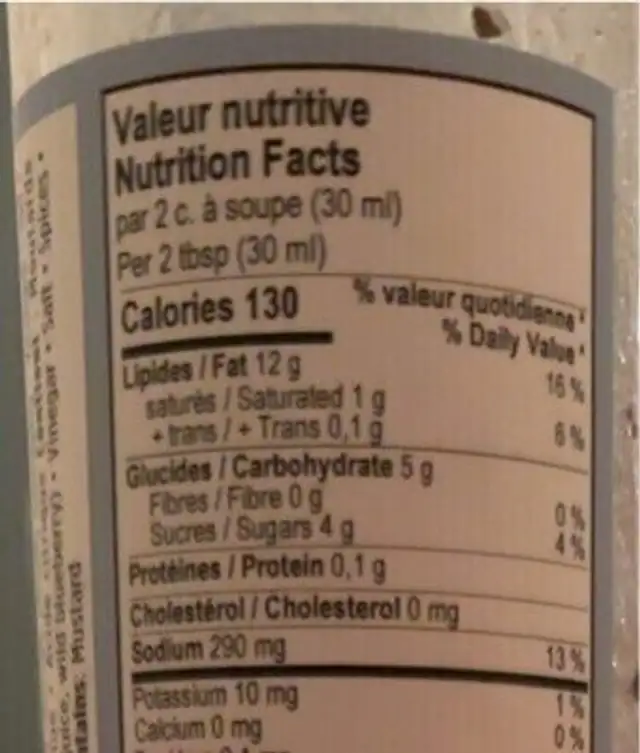 Vinaigrette de bleuet nutrition facts table