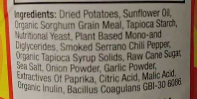 Dragon chips ingredients label