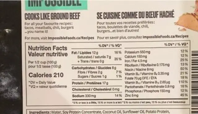 Burger made from plants nutrition facts table