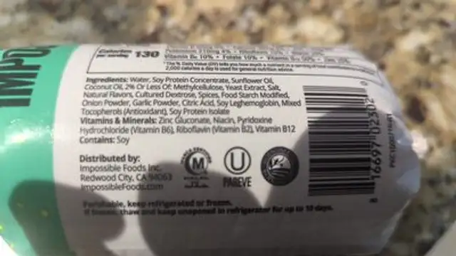 Impossible Sausage ingredients label