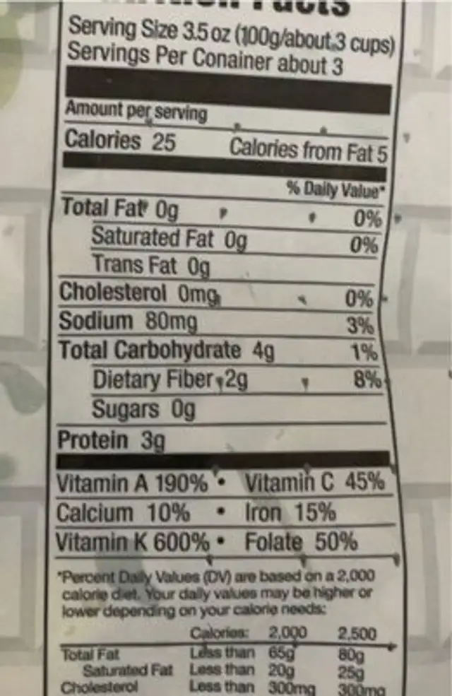 Espinacas nutrition facts table