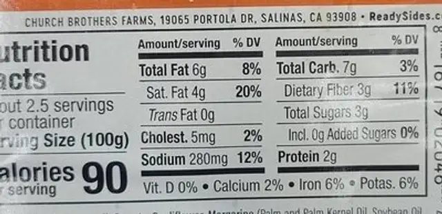 Ready sides nutrition facts table