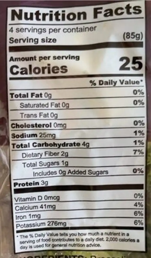 Broccoli florets nutrition facts table