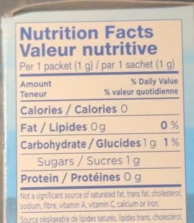 Equal original sweetener nutrition facts table
