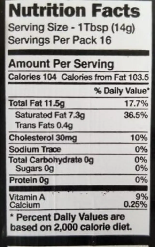 Pure Irish Butter Unsalted nutrition facts table