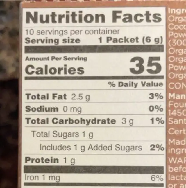 Chai Latte Mix nutrition facts table