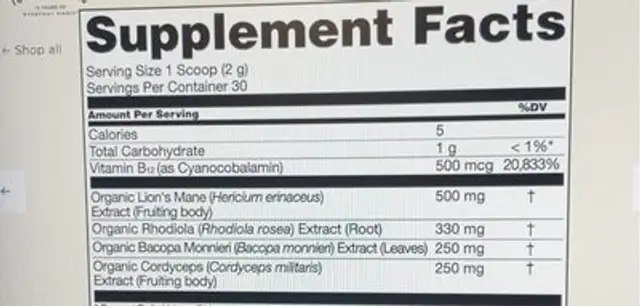Four Sigmatic Focus Blend Mix Think nutrition facts table