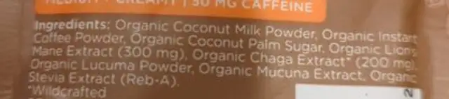 Latte Mix ingredients label