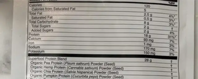 Four Sigmatic plant based protein nutrition facts table