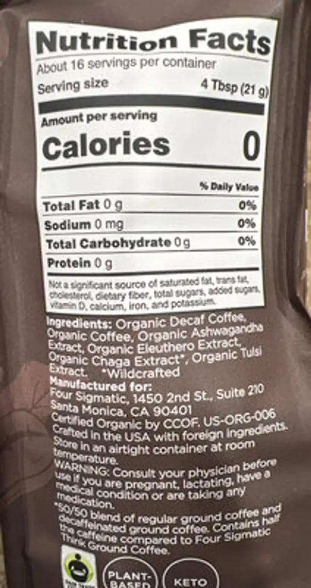 ADAPTOGEN GROUND COFFE WITH ASHAWANDA ingredients label