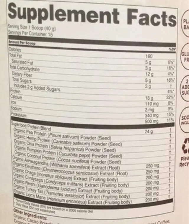 Plant based protein nutrition facts table
