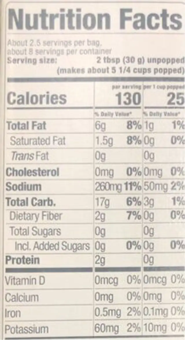 Microwave Sea Salt Bag nutrition facts table