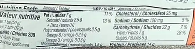 Oatmega protein bar nutrition facts table