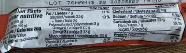 Barre protéinée nutrition facts table