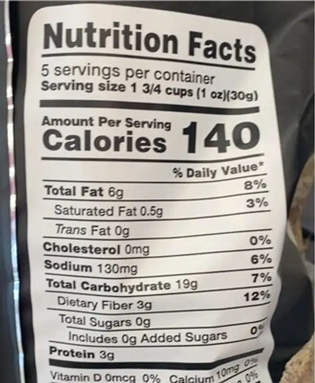 Simply Thin Popcorn nutrition facts table
